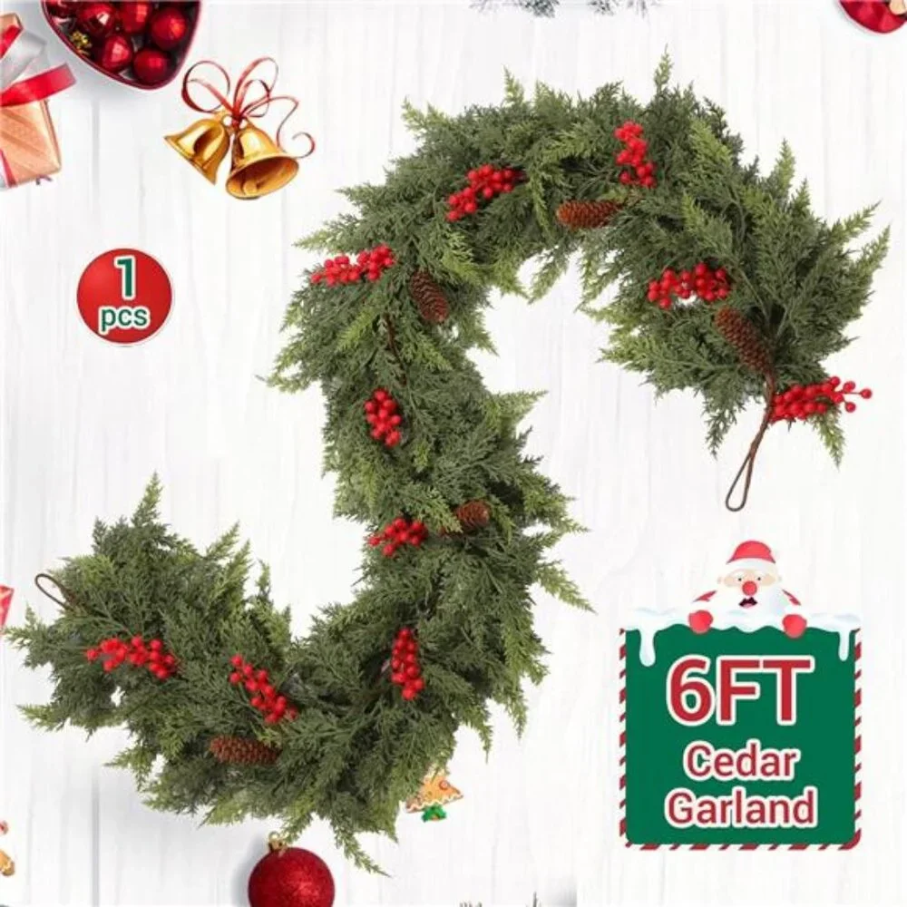 6ft Christmas Cedar Garland with Artificial Red Fruits and Pine Cones, Soft